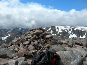 North cairn of Derry Cairngorm with Ben McDui to the right and Cairn Toul to the left