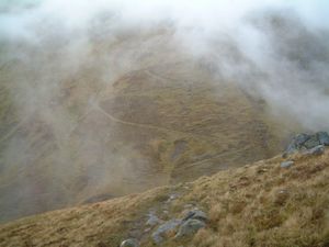 The zigzag path up Sron a' Choire Ghaibh seen from the descent of Meall na Teanga